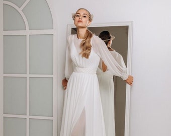 White chiffon wedding dress | Airy Sleeves Dress | Long Sleeves Wedding Dress | Airy Skirt | Long Puffy Sleeves dress | Boat neckline dress