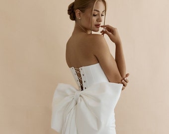 Big Bow Dress | Satin Bridal Gown | Off-Shoulders Dress | Sleeveless reception dress | Long Train Wedding Dress | Wedding Dress With Big Bow