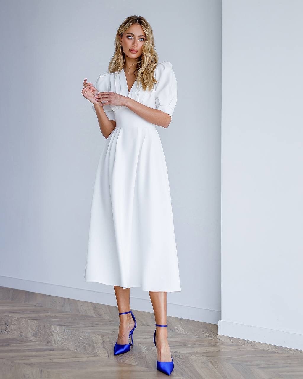 White Crepe Midi Dress: Elegant V-neck Wedding Guest Dress - Etsy