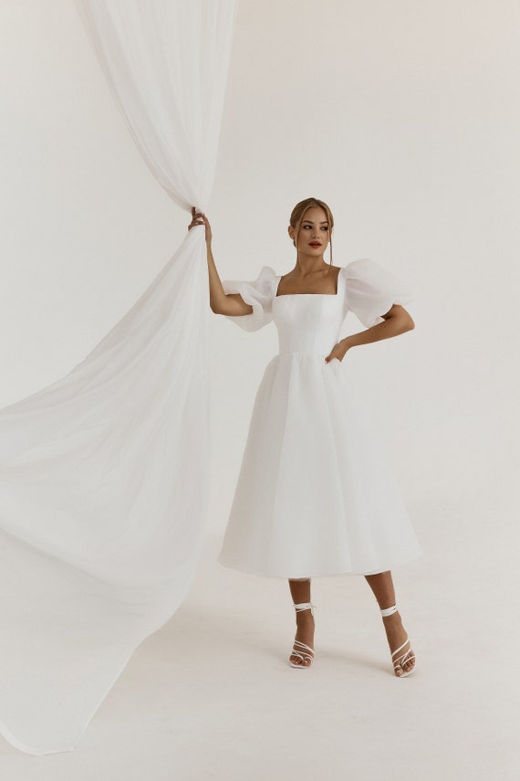 Fluffy Midi-length Dress Puff Sleeves Wedding Dress Organza