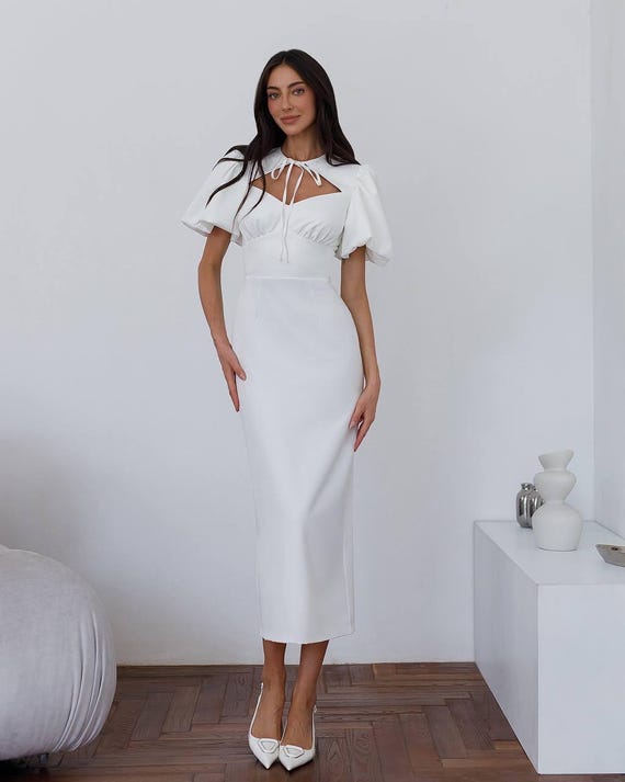 White Crepe Midi Dress | Puff Sleeves, Keyhole Neckline - Etsy