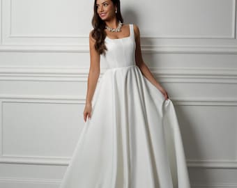 Satin A-Line Wedding Dress: Square Neck Corset Bridal Gown | Minimalist Modern Bride Dress