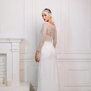 Long sleeves wedding dress Lace top wedding dress Wedding dress with slit Simple wedding gown Floor-length wedding dress Вuttons image 3