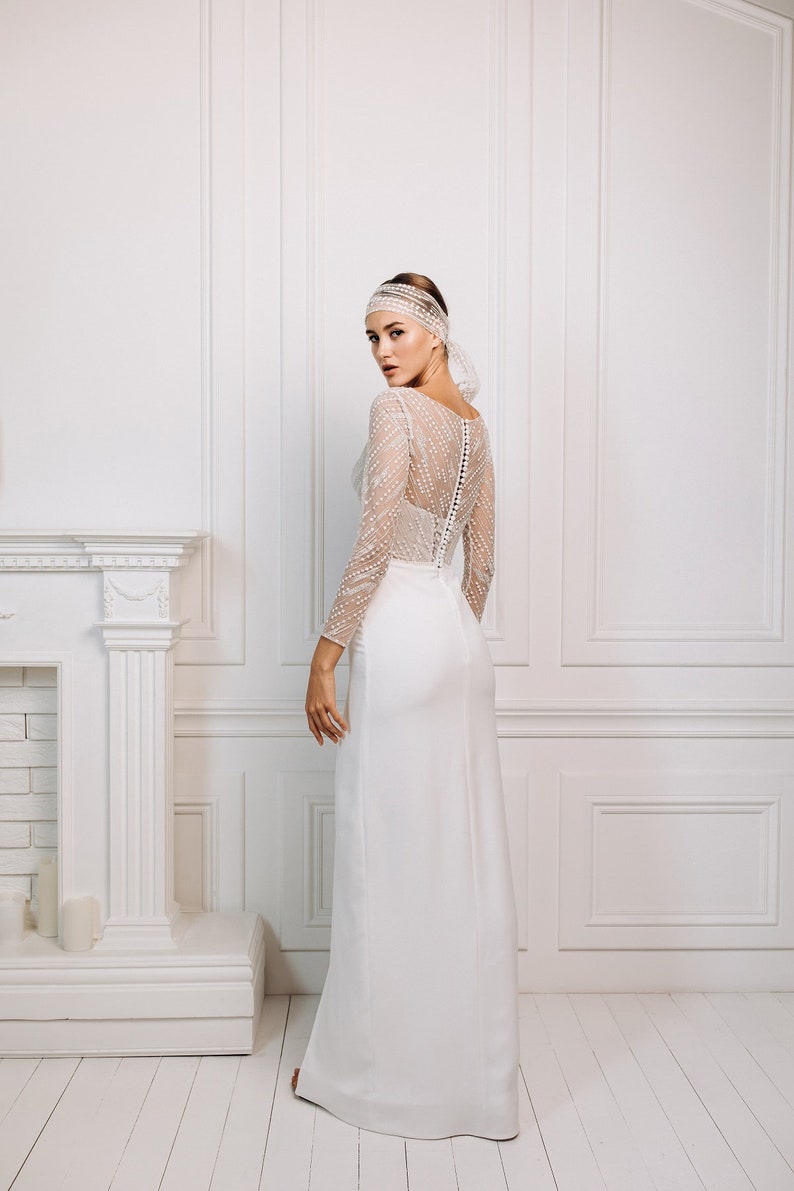 Long sleeves wedding dress Lace top wedding dress Wedding dress with slit Simple wedding gown Floor-length wedding dress Вuttons image 3