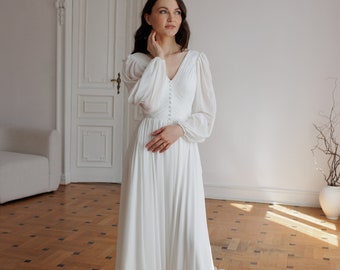 White chiffon wedding dress | Airy Sleeves Dress | Long Sleeves Wedding Dress | Airy Skirt | Long Puffy Sleeves dress | V-Neckline Dress |