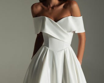 Off Shoulder Satin Wedding Dress: A-Line Ball Gown with Lace-Up Back