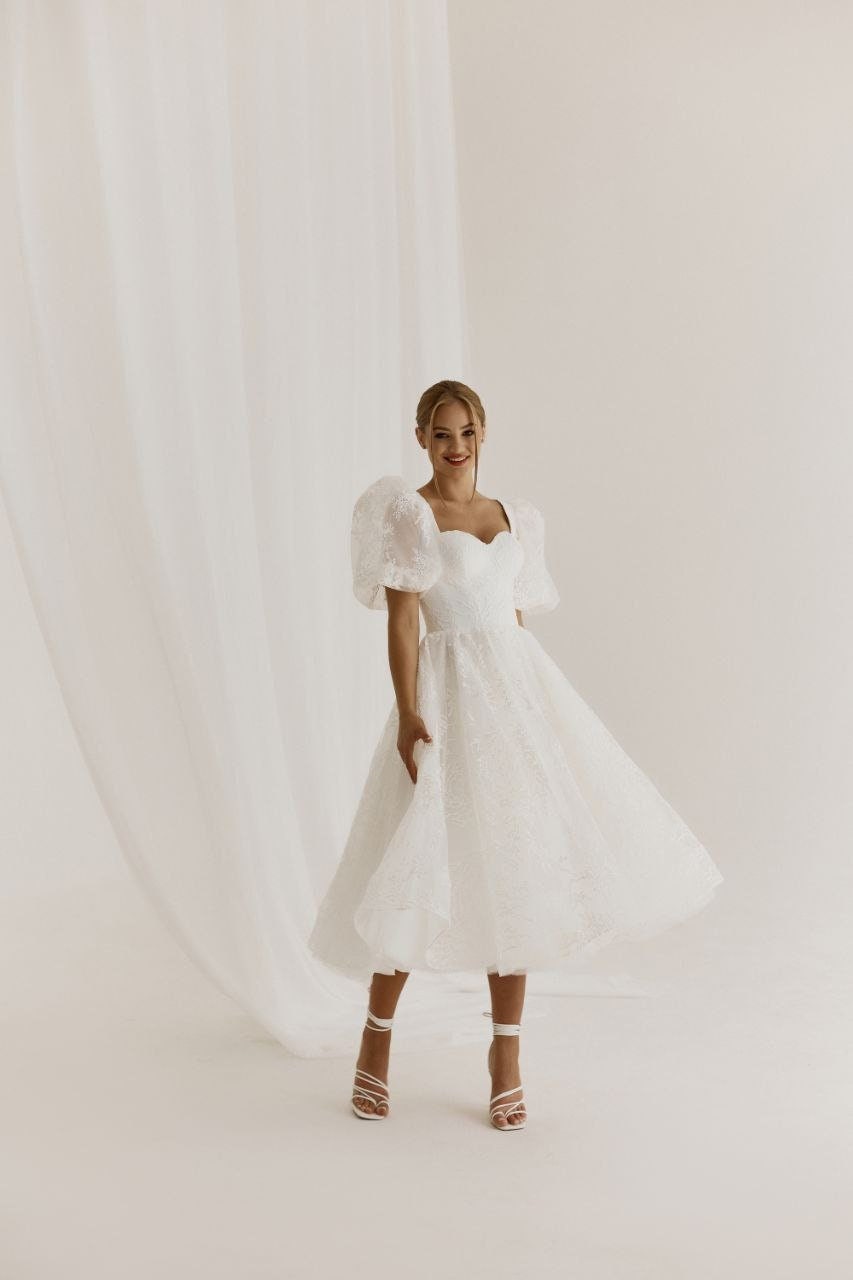 Puff Sleeves wedding dress | Organza puff dress | Fluffy midi-length dress | Princess wedding dress | Wedding midi dress | Engagement dress