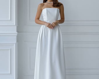 Sleeveless wedding dress| Midi wedding dress | Waist hugging wedding dress | Simple wedding dress | Flared wedding dress |Crepe white dress