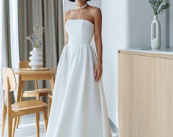 Sleeveless wedding dress| Midi wedding dress | Waist hugging wedding dress | Simple wedding dress | Flared wedding dress |Crepe white dress
