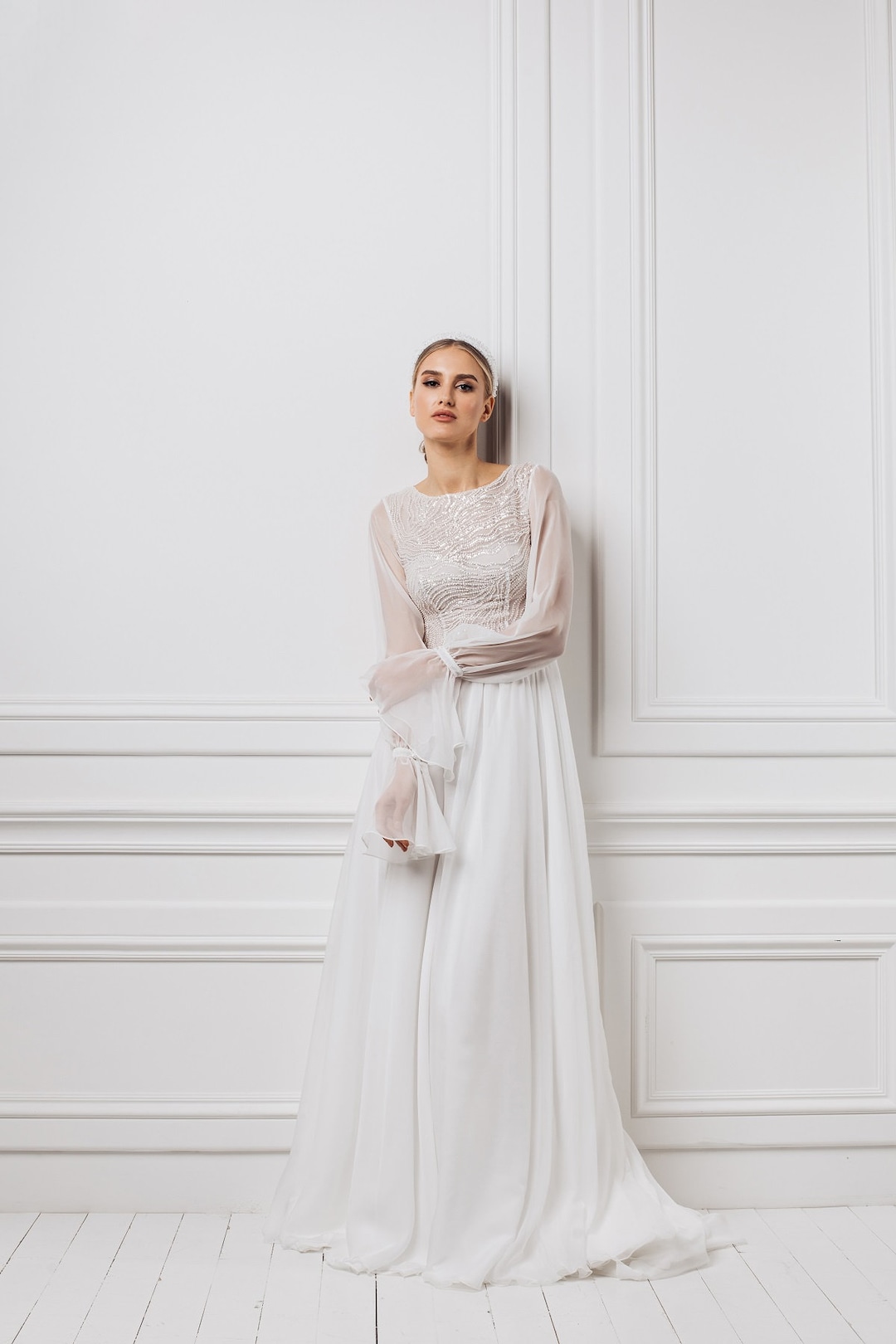Chiffon Wedding Dress | Wedding Dress With Ruffled Sleeves | Long ...