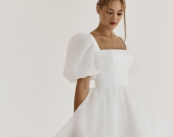 Organza Wedding Midi Dress | Fluffy Puff Sleeves, Square Neckline