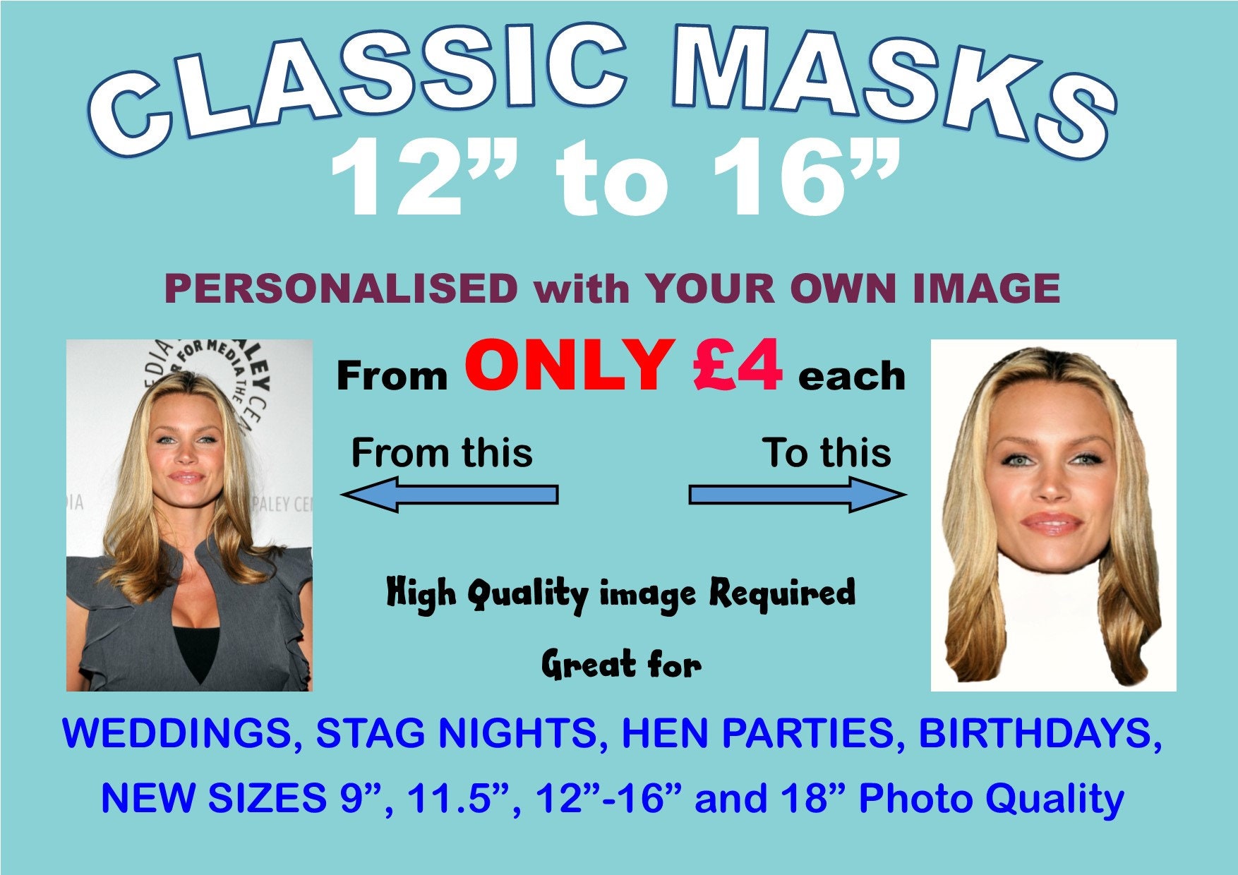 Custom Made Face Mask Fully Personalised Photo Stag Hen Birthday Party New b