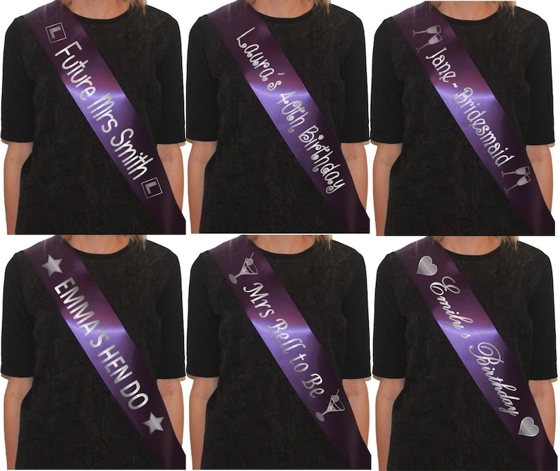 CUSTOM SASH HIGH QUALITY SILVER WRITING FOR HEN PARTY BABY SHOWER BIRTHDAY