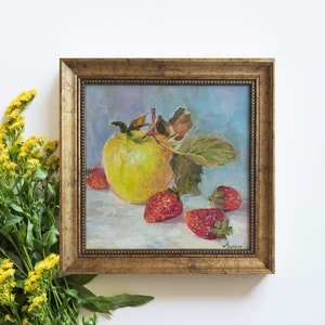 Peinture à l'huile de pomme originale, nature morte de fruits réaliste, art mural de cuisine, décoration de ferme, art mural de fraise, peinture encadrée, cadeau pour maman