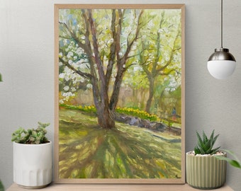 White flowering tree Original oil painting Rural landscape art Plein air painting Apple tree Gift for her One of a kind Wall painting