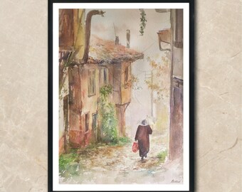 Istanbul painting,Original watercolor,Ttravel gifts,Wall art,Home decor,landscape wall art,Turkish art,Historical painting,City painting