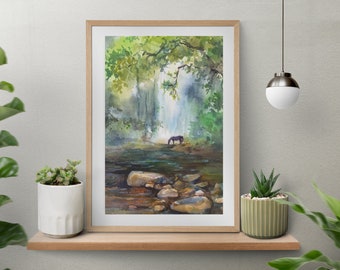 Forest artwork,Watercolor wall art,Landscape painting,Bedroom wall decor,Green wall art,Waterfall art,River rocks,River stones