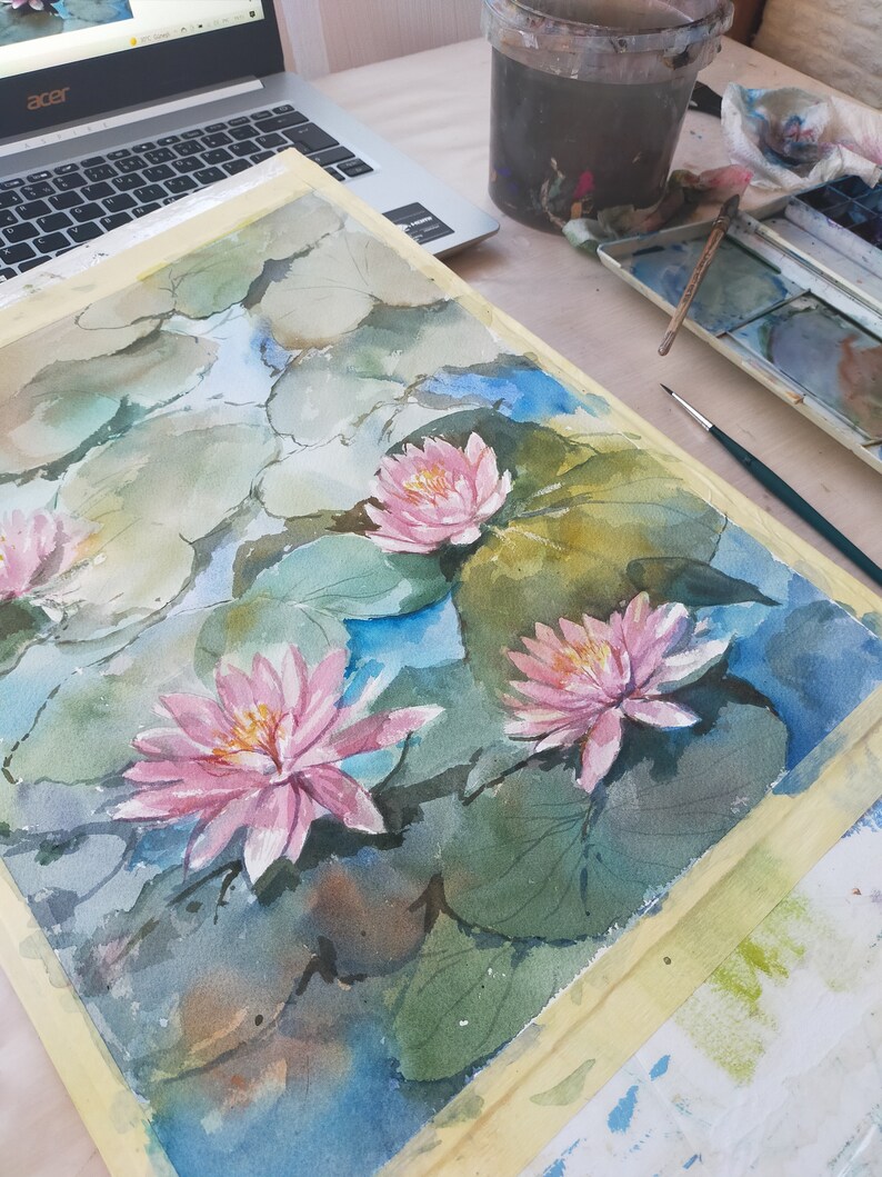 Näckrosor original akvarellmålning Blommig väggkonst Present till tjejer Sovrumsväggdekor Botanisk linjeväggkonst Blommig originalkonst Lilja bild 5