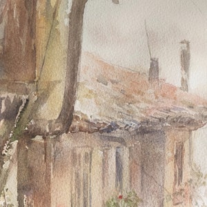 May include: Watercolor painting of a building facade with a tiled roof and multiple windows. The artwork features muted tones of brown, beige, and gray, with a hint of red from a small flower box. A curved pipe extends from the building.