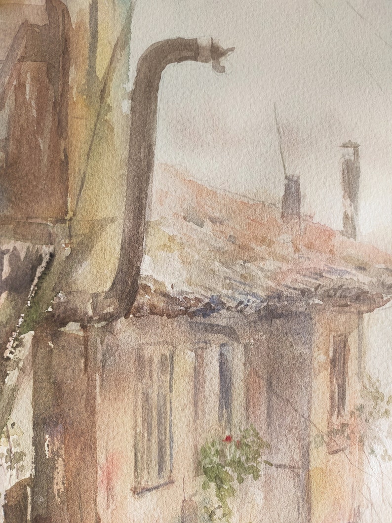 May include: Watercolor painting of a building facade with a tiled roof and multiple windows. The artwork features muted tones of brown, beige, and gray, with a hint of red from a small flower box. A curved pipe extends from the building.