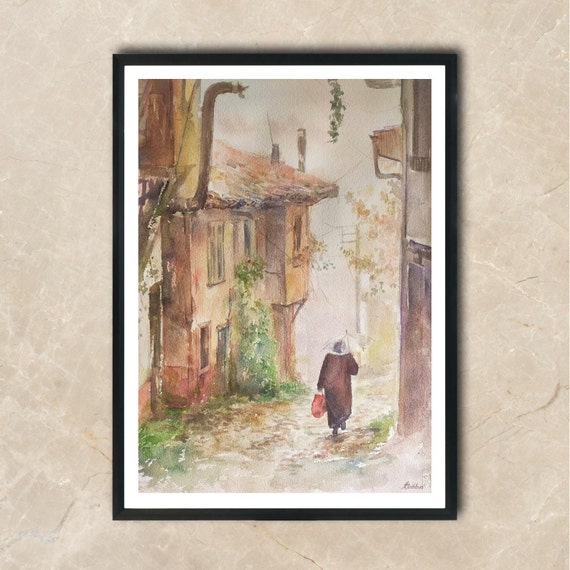 Old Istanbul Street | Original Watercolor Cityscape | Rainy Street Painting | Umbrella Figure | Watercolor on Paper | 11x15