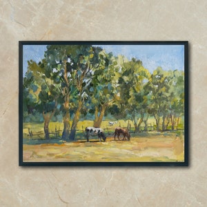Rural landscape oil painting Handmade painting Veterinarian gift Cow painting Original oil art Rural painting Original sketch Gift for her