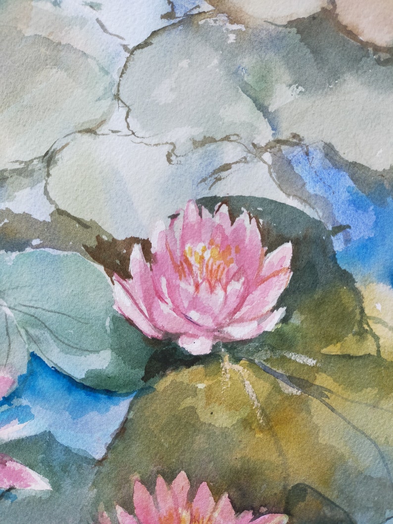 Näckrosor original akvarellmålning Blommig väggkonst Present till tjejer Sovrumsväggdekor Botanisk linjeväggkonst Blommig originalkonst Lilja bild 8