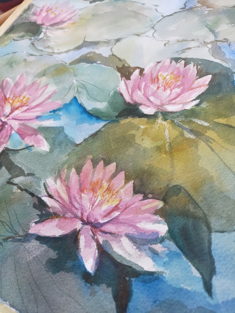 Näckrosor original akvarellmålning Blommig väggkonst Present till tjejer Sovrumsväggdekor Botanisk linjeväggkonst Blommig originalkonst Lilja bild 4