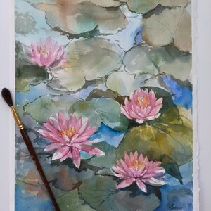 Näckrosor original akvarellmålning Blommig väggkonst Present till tjejer Sovrumsväggdekor Botanisk linjeväggkonst Blommig originalkonst Lilja bild 6