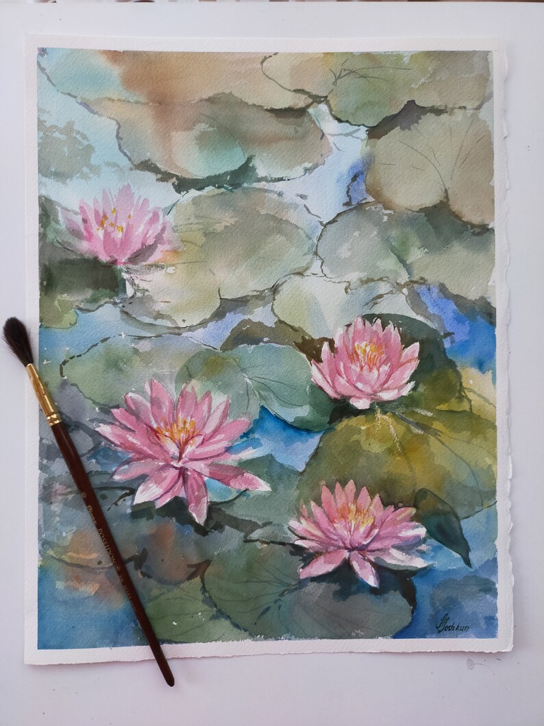 Näckrosor original akvarellmålning Blommig väggkonst Present till tjejer Sovrumsväggdekor Botanisk linjeväggkonst Blommig originalkonst Lilja bild 6