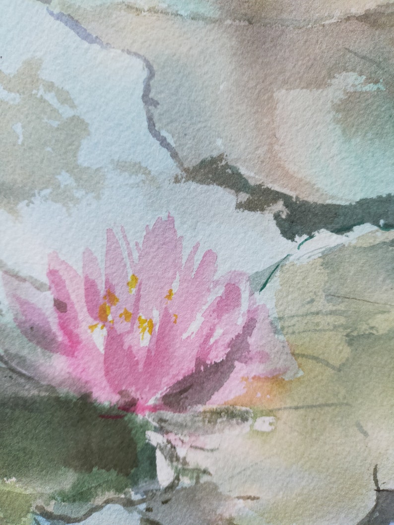 Näckrosor original akvarellmålning Blommig väggkonst Present till tjejer Sovrumsväggdekor Botanisk linjeväggkonst Blommig originalkonst Lilja bild 10