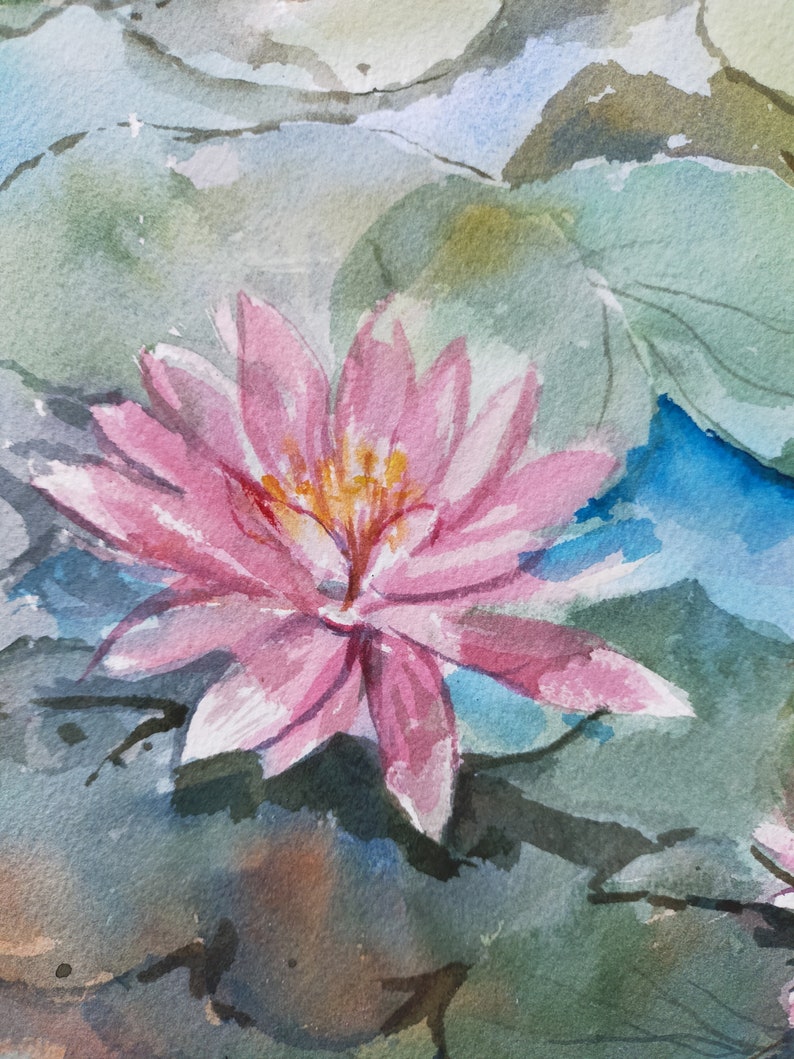 Näckrosor original akvarellmålning Blommig väggkonst Present till tjejer Sovrumsväggdekor Botanisk linjeväggkonst Blommig originalkonst Lilja bild 7