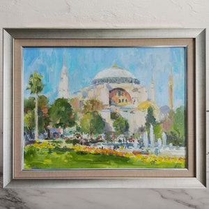 Hagia Sophia in Istanbul,Historical original oil painting with tulips,Oriental Wall art with palm trees,Landscape,Wall Art with architecture