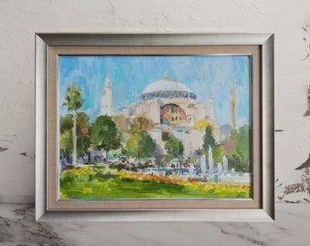 Hagia Sophia in Istanbul,Historical original oil painting with tulips,Oriental Wall art with palm trees,Landscape,Wall Art with architecture