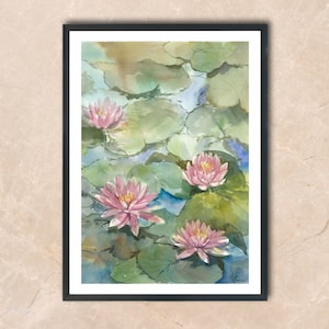 Näckrosor original akvarellmålning Blommig väggkonst Present till tjejer Sovrumsväggdekor Botanisk linjeväggkonst Blommig originalkonst Lilja bild 1