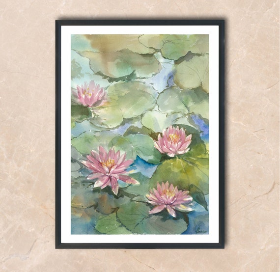 Water lilies original watercolor painting Flower wall art Gift for girls Bedrum wall decor Botanical line wall art  Floral original art Lily