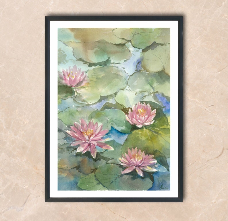 Näckrosor original akvarellmålning Blommig väggkonst Present till tjejer Sovrumsväggdekor Botanisk linjeväggkonst Blommig originalkonst Lilja bild 1