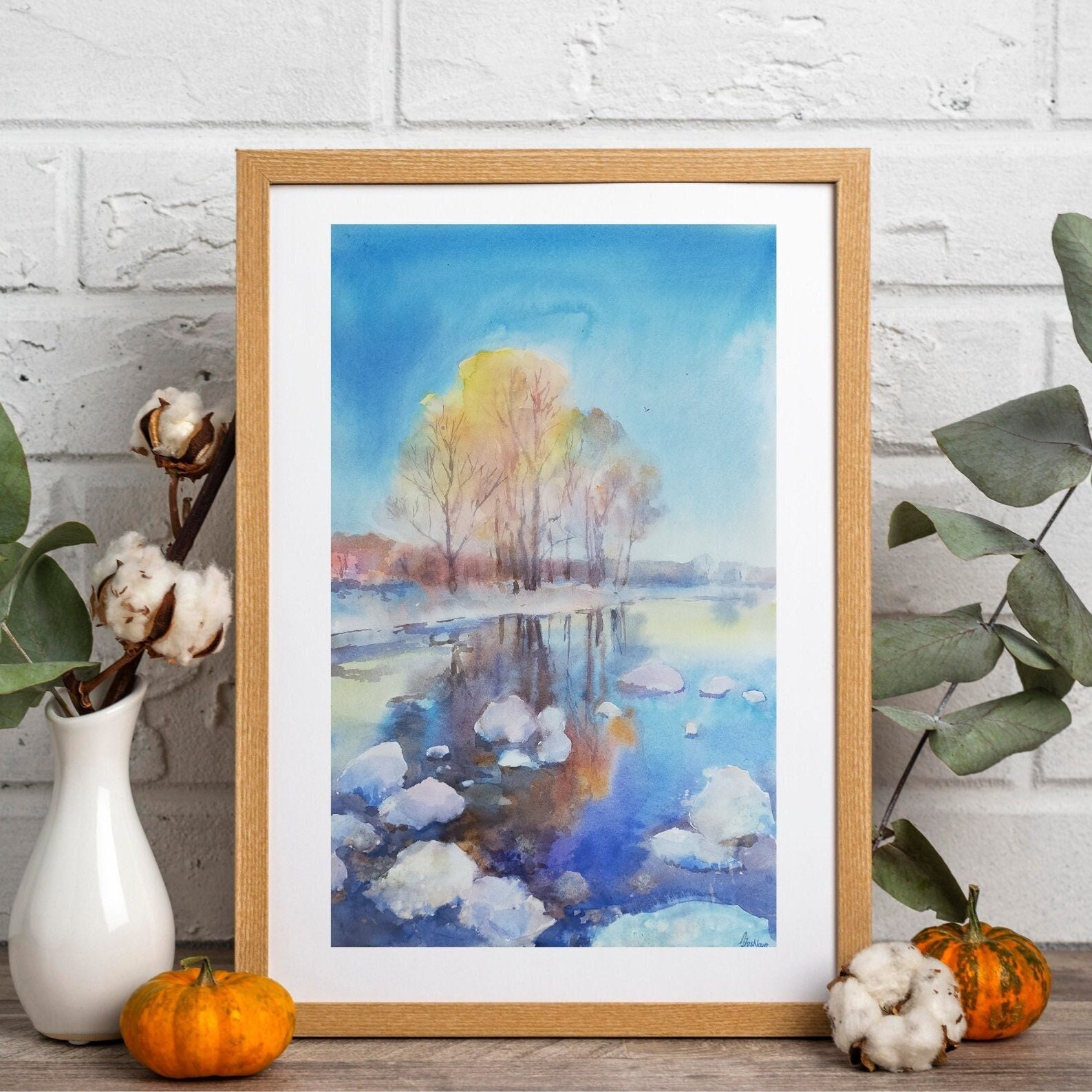 River Wall Art for Winter House, Winter Landscape Original Watercolor Painting, Small Painting with Winter Tree for Blue Bedroom Decor