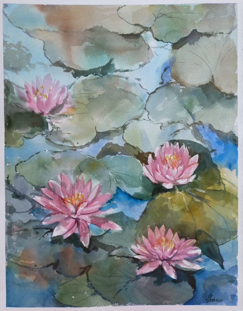 Näckrosor original akvarellmålning Blommig väggkonst Present till tjejer Sovrumsväggdekor Botanisk linjeväggkonst Blommig originalkonst Lilja bild 2