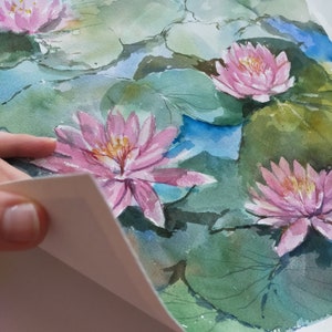 Näckrosor original akvarellmålning Blommig väggkonst Present till tjejer Sovrumsväggdekor Botanisk linjeväggkonst Blommig originalkonst Lilja bild 3