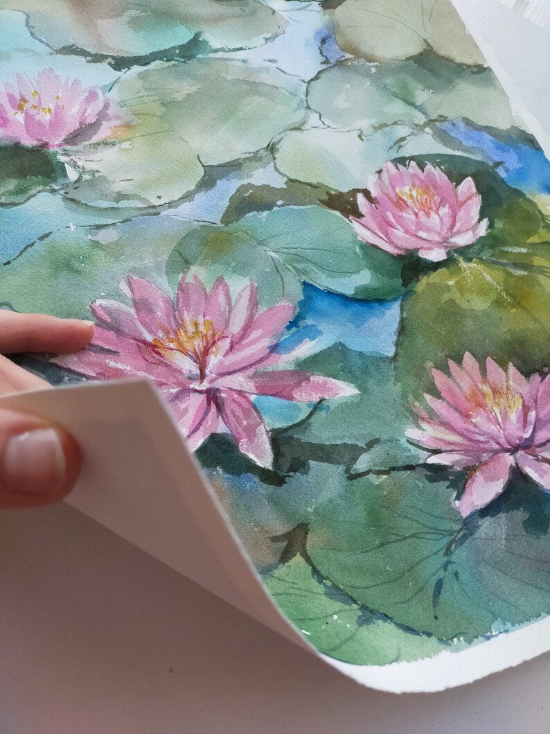 Näckrosor original akvarellmålning Blommig väggkonst Present till tjejer Sovrumsväggdekor Botanisk linjeväggkonst Blommig originalkonst Lilja bild 3