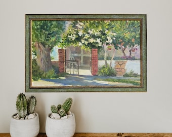 Sunny courtyard original oil painting,Plein air painting,Countryside painting,Green painting for a country house,Small painting