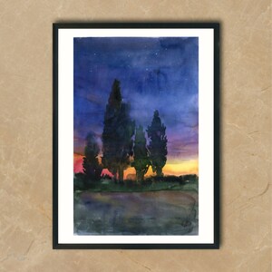 Coucher de soleil lumineux Peinture originale à l’aquarelle avec des arbres, Paysage romantique de soirée d’été, Art mural au coucher du soleil rose