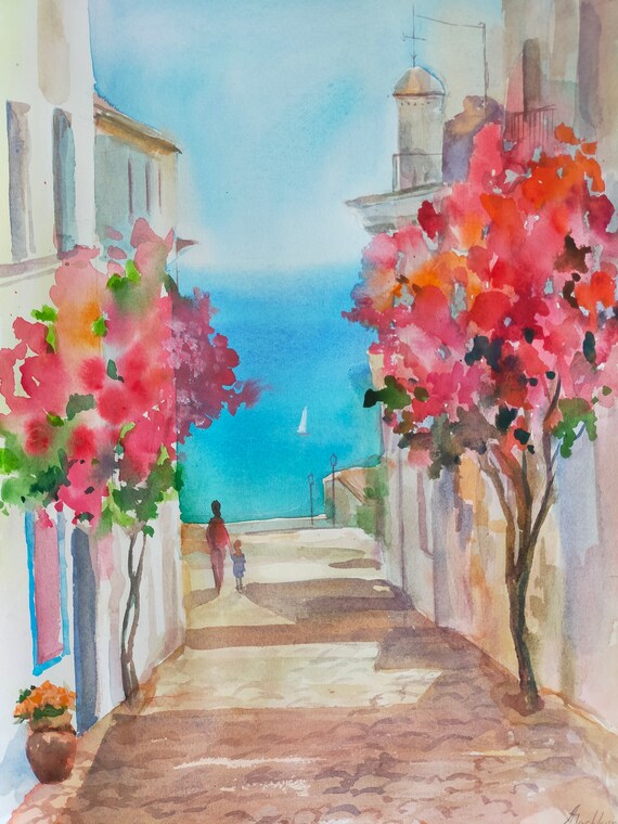 Spanish Wall Art Original Handmade Watercolor Painting Floral Etsy