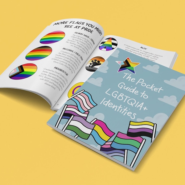 May include: A blue booklet with a white star and the text "The Pocket Guide to LGBTQIA+ Identities". The cover features illustrations of various pride flags, including the transgender, bisexual, and pansexual flags.