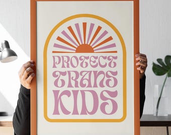 Protect Trans Kids Art Print: Retro Queer Pride Wall Decor