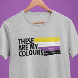 May include: A grey t-shirt with the text "These are my colours" and a horizontal stripe design in yellow, white, purple, and black.