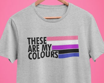 May include: A grey t-shirt with the text "These are my colours" and a multi-colored stripe design. The stripe design is pink, white, purple, black, and blue.