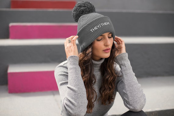 Non Binary Pride Beanie Hat Pom 