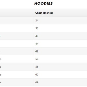 May include: A chart showing hoodie sizes and corresponding chest measurements in inches. Sizes range from X-Small to 5X-Large, with chest measurements from 34 to 64 inches.